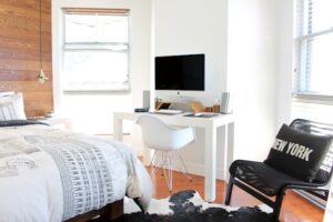 Furniture in a college dorm room